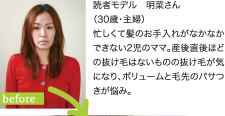 読者モデル　明菜さん（30歳・主婦）忙しくて髪のお手入れがなかなかできない2児のママ。産後直後ほどの抜け毛はないものの抜け毛が気になり、ボリュームと毛先のパサつきが悩み。