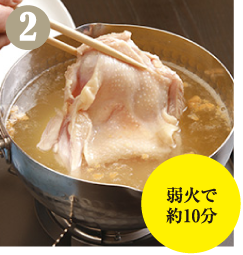 水1Lを沸騰させ、塩・鶏ガラスープ各大さじ１と鶏もも肉を入れて茹でます